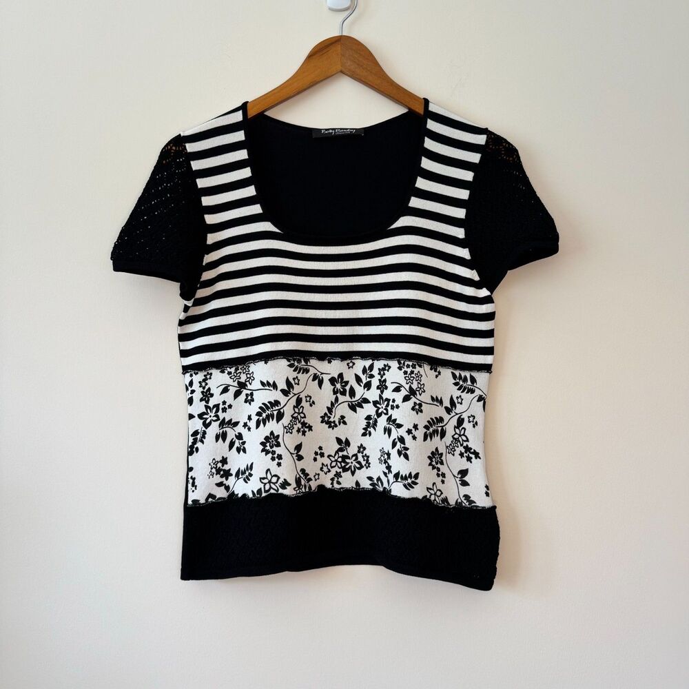 Betty Barclay Black and White Striped Floral Shirt Size 8